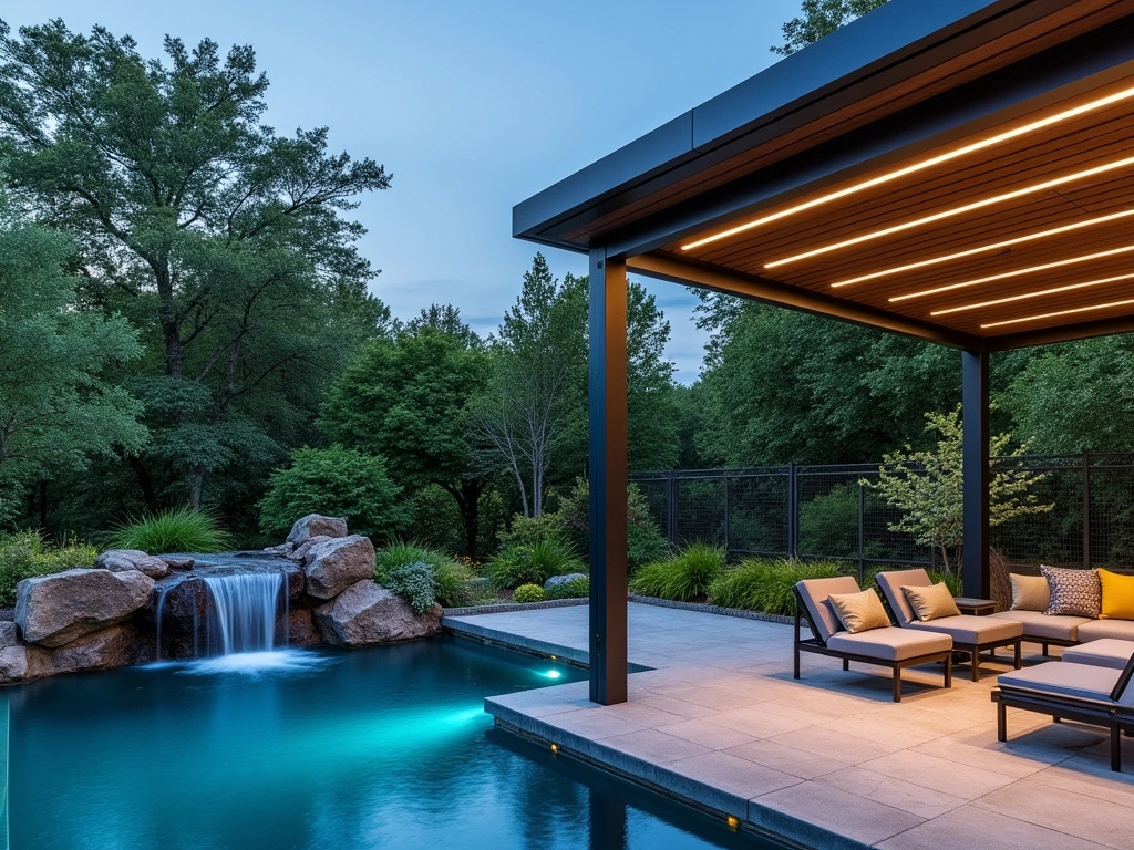 Illuminated patio canopy with waterfall accent