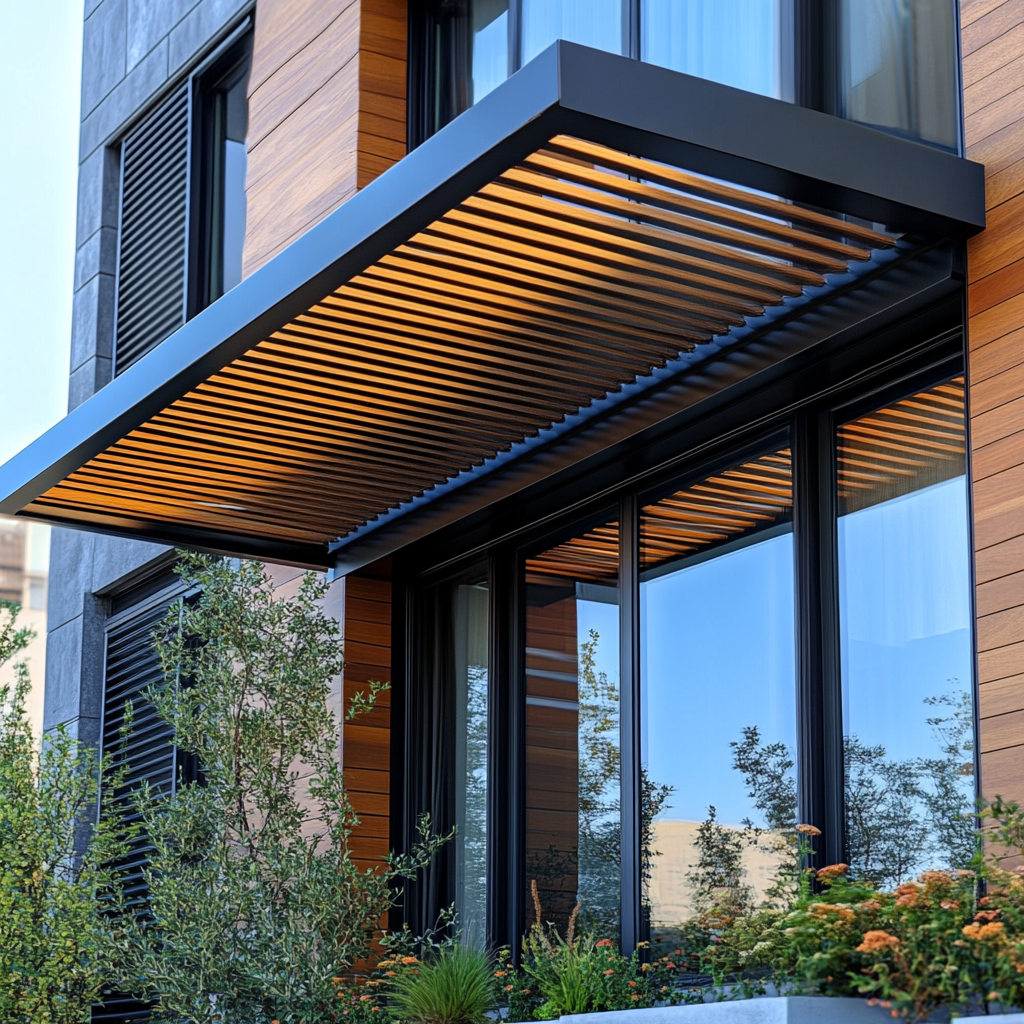 Slatted metal sunshade awning on a commercial facade