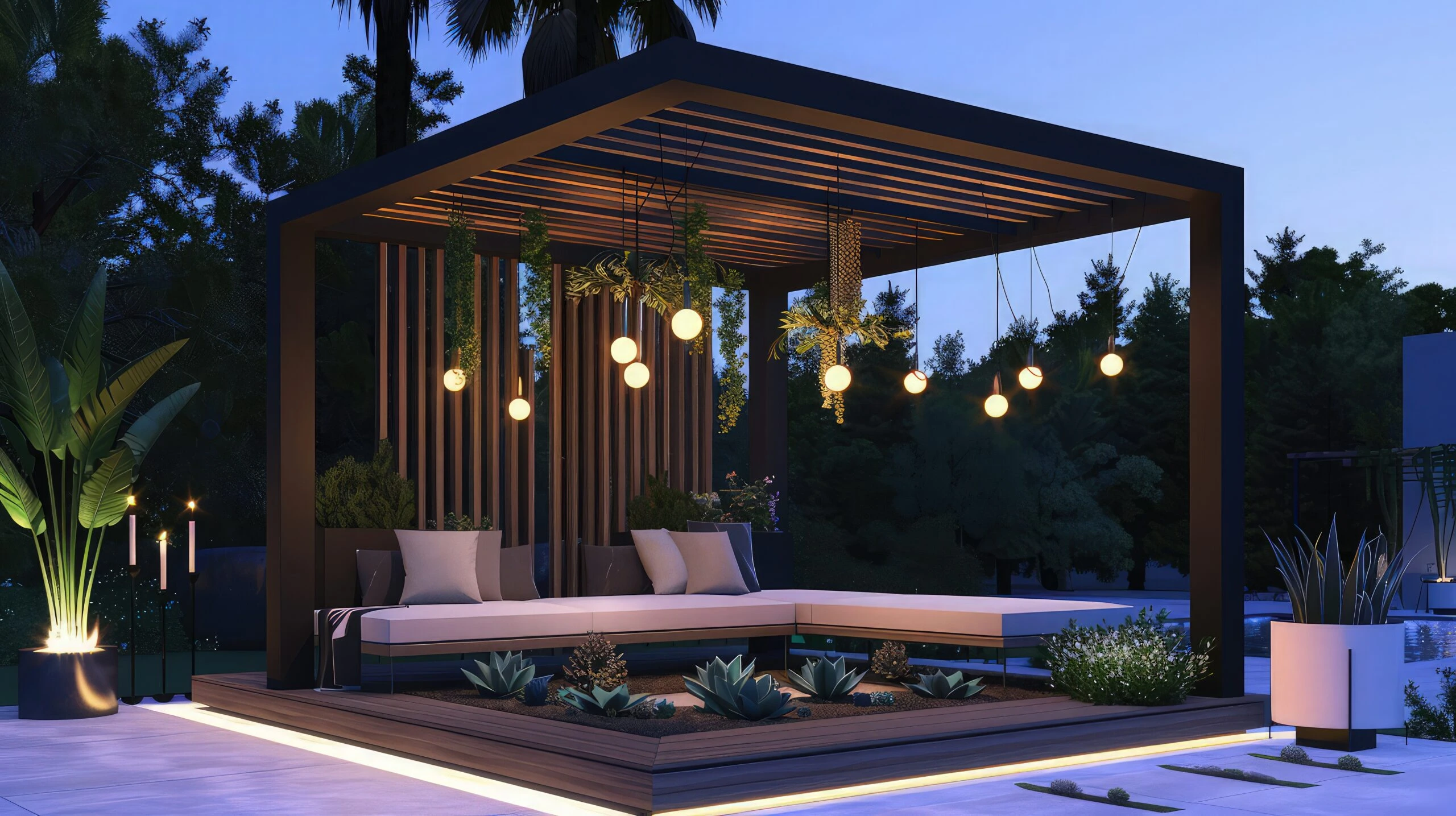 Slatted cantilever lounge with integrated pendant lighting