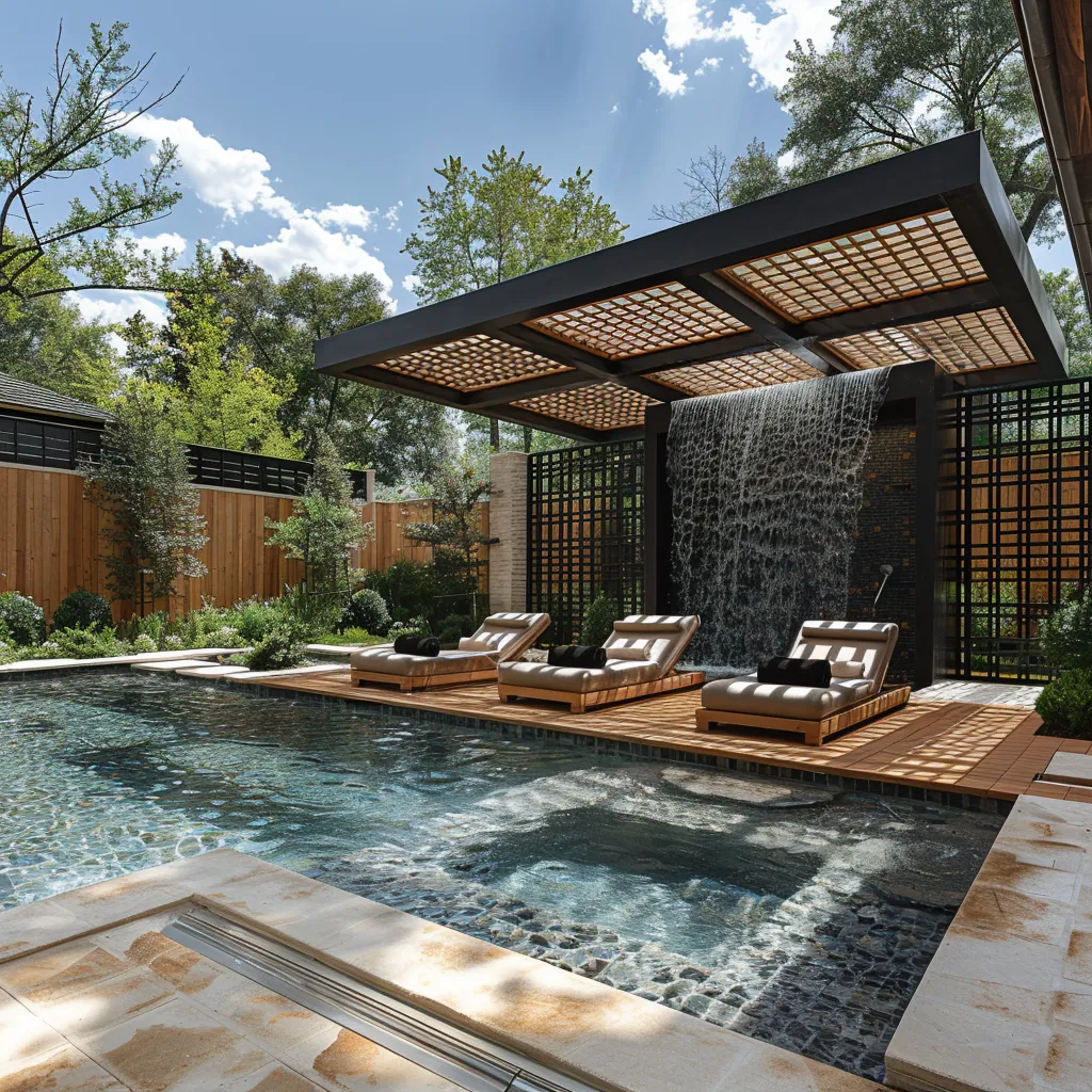 Cantilever structure over a luxury pool with waterfall