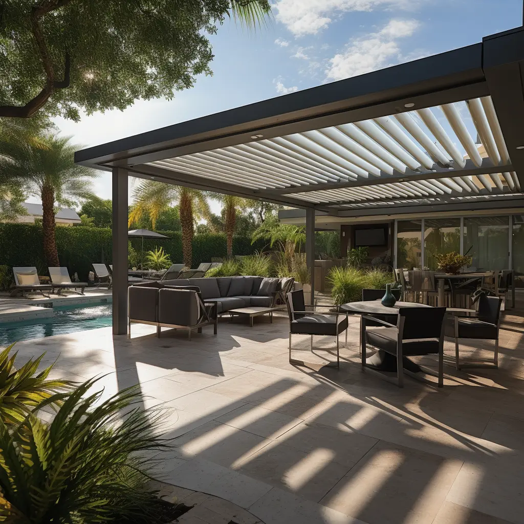 Adjustable louvered pergola for poolside entertaining