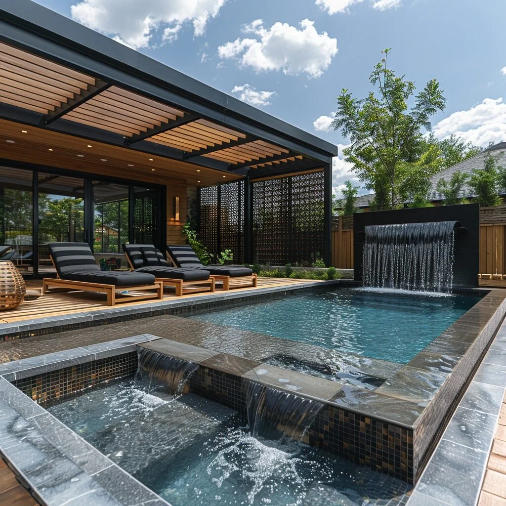 Slatted pergola over a poolside lounge with a tiled spa and waterfall accent