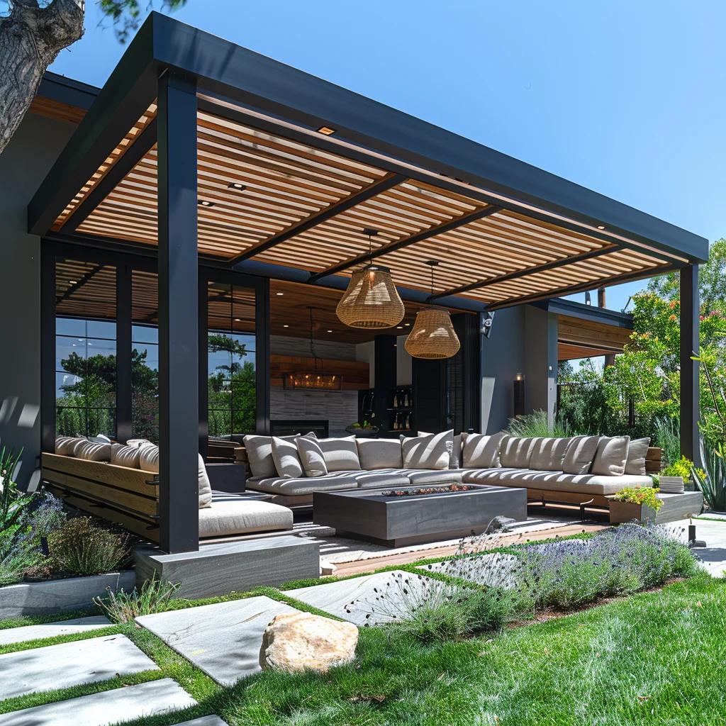 Wood-slatted pergola over an outdoor living room with fire pit and pendant lighting